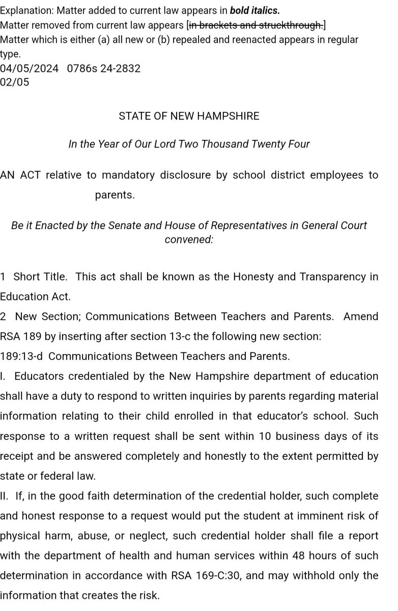 I did read the bill. See section 2, I and II You and your party are against this. You and your party are explicitly for teachers keeping secrets - including secrets about sex and sexuality - from parents, even when there's no safety concern. gencourt.state.nh.us/bill_status/bi…