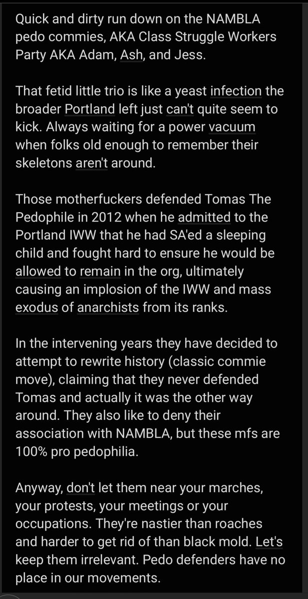 I know everything is happening everywhere all at once, but the cult of NAMBLA-apologist Trots that broke the Portland IWW by aggressively defending a child molester is trying to insert themselves in Palestine stuff. Do not let them. (Message from b0ytits.) anti-pedophile-action.tumblr.com