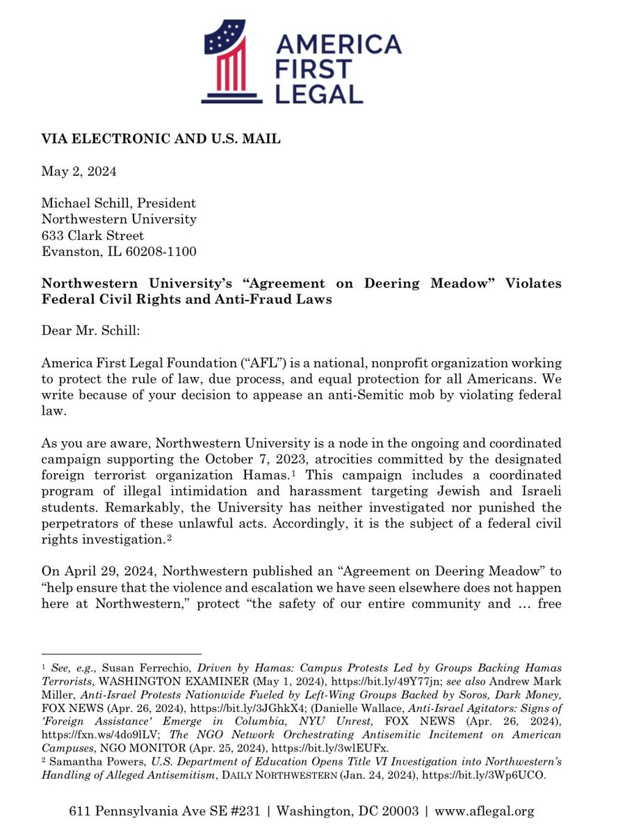 /1🚨BREAKING — We sent @NorthwesternU a demand letter warning them that their plan to appease pro-Hamas agitators breaks federal law. The University promised to hire/fund Palestinian faculty & students, violating the Civil Rights Act’s prohibition on ethnically-based hiring: