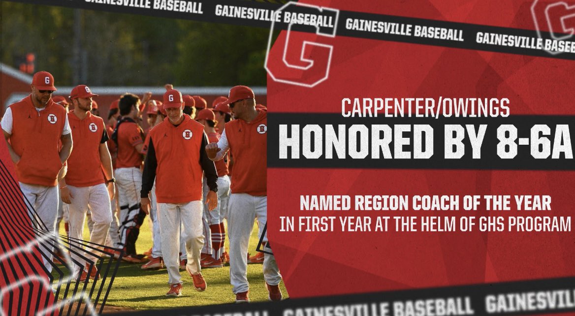 CONGRATULATIONS! Carpenter/Owings - named Region 8 (6AAAAAA) COACH OF THE YEAR!!! @goredelephants @MicahOwings #GBR #GoBigRed #AProudTradition #TraditionLivesOn #GoBigRed #Gainesville #GainesvilleHSBaseball