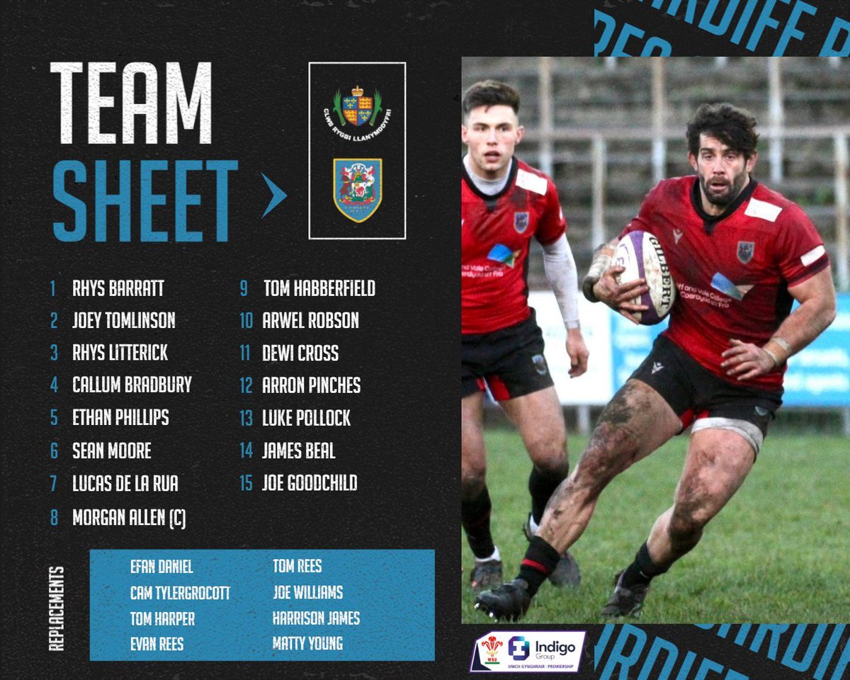 Here is your Cardiff team to take on @llandoveryrfc in the @IndigoPrem play-off semi-final at Church Bank on Saturday. The game kicks off at 5:15pm. Tickets can be purchased on the gate.
cardiffrfc.com/llandovery-car…

💙 🖤 #BlueAndBlacks