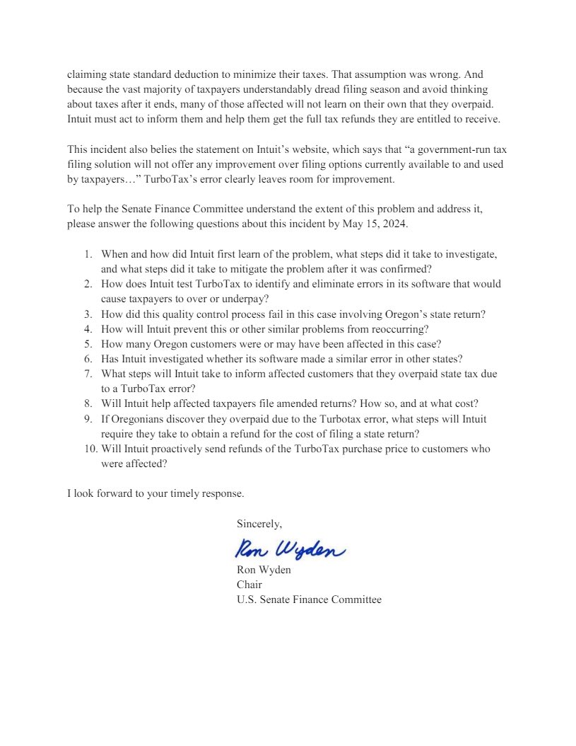 NEW: I'm pushing Intuit to make Oregonians whole after use of TurboTax misled filers in Oregon to overpay their state taxes. Errors like these are the last thing families should have to worry about during tax season. I'm working to get this fixed ASAP.