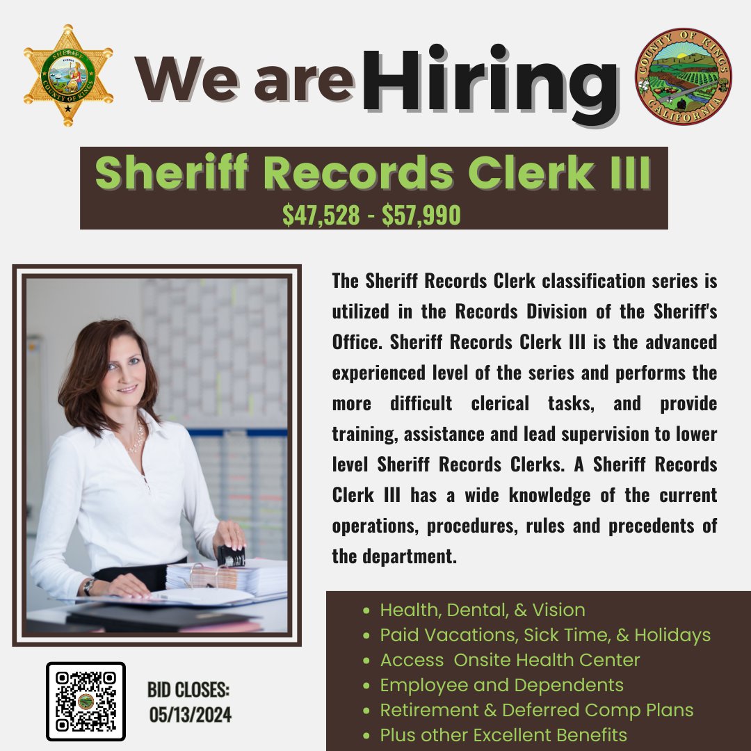 WE’RE HIRING: Sheriff Records Clerk III

Details:  bit.ly/3Qr89Ob

#KingsCounty #KingsCountyCA #cacounties #RuralCA #WereHiring #GetAJob