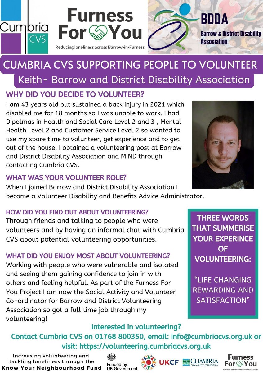 Want to be inspired to volunteer? Read Keith’s inspirational Volunteers journey below. Through contacting Cumbria CVS to find out about volunteering which lead to full time employment with BDDA Interested in volunteering? Register today on the Cumbria CVS Volunteering Portal