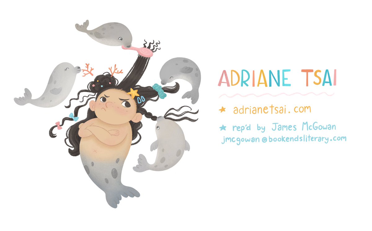 Happy #kidlitartpostcard and #mermay ! 🧜‍♀️🦭✨ I’m Adriane and I enjoy illustrating whimsical scenes, cuddly creatures, and capturing wonder in everyday life. I am now available for picture books, board books, and covers! 🪸 Rep’d by @jmcgowanbks ⭐️ adrianetsai.com ⭐️
