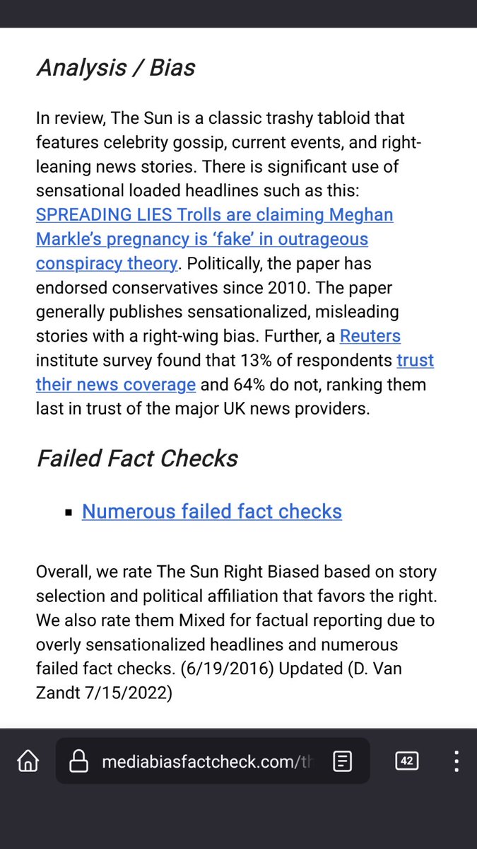 @PublicPriestley Marginally more more reliable than the Waily Fail and the Express and Torygraph by my estimations and using one of my favourite tools, but that's a bar that's so low it's a Tavern in Hades.
👇🏻 
mediabiasfactcheck.com/the-sun/