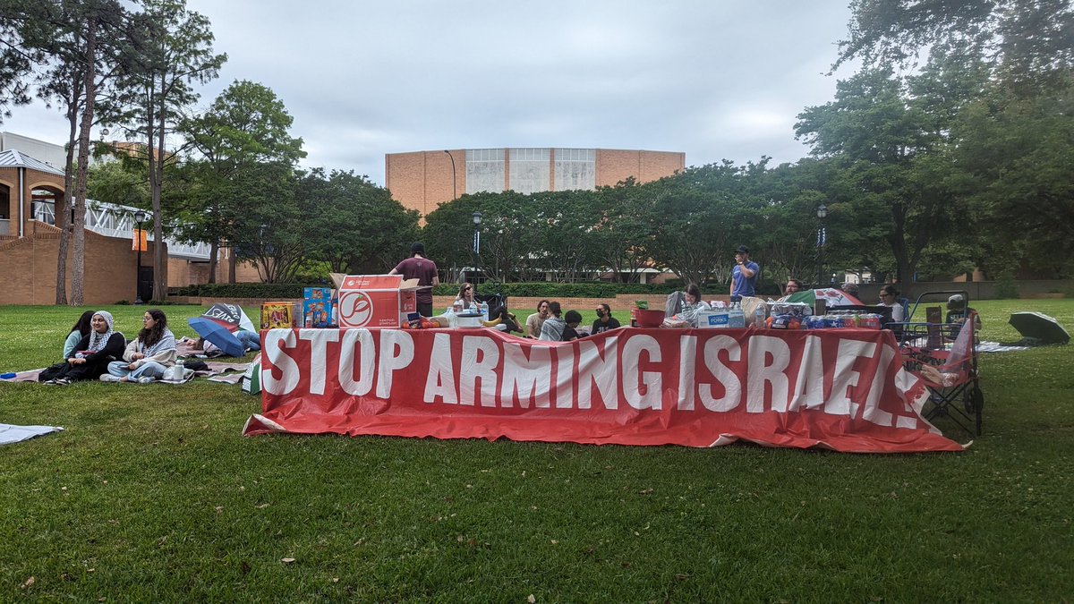 stevanzetti's tweet photo. NOW: pro-Palestinian protesters at UT Arlington are camping out on the library lawn. There are no structures, which have been banned by the UT system, but an organizer tells me they plan to stay here until their demands for divestment are met — or they are forcefully removed. https://t.co/NVNEgw11kK