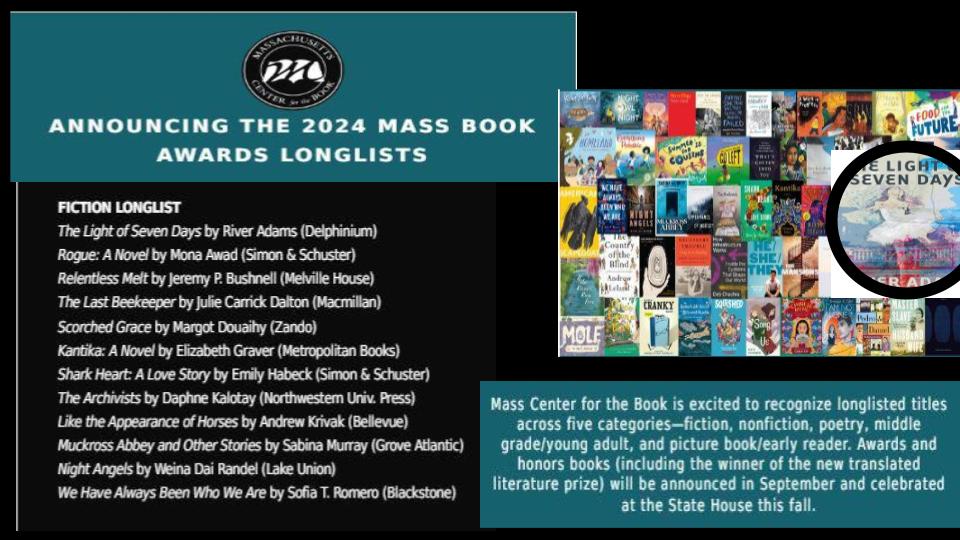 Congratulations to all the talented authors recognized by the 2024 MASS BOOK AWARDS LONGLIST.

Delphinium is proud to publish River Adams, longlisted for 𝙏𝙃𝙀 𝙇𝙄𝙂𝙃𝙏 𝙊𝙁 𝙎𝙀𝙑𝙀𝙉 𝘿𝘼𝙔𝙎.
#MassBookAwards @MassBook #thelightofsevendays  #readingnow #booklovers #bookprize