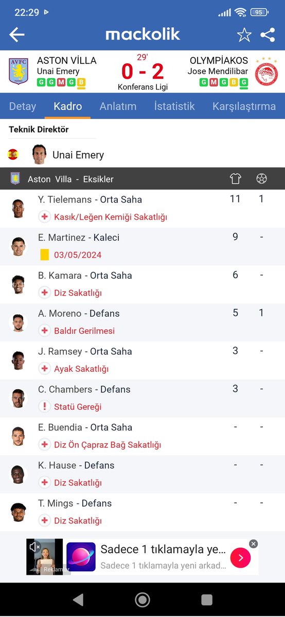 Aston Villa takımın yarısı yok Olympiakos 2-0 öne geçti Fenerbahçe olmadığı için bunların yasanması normal 😅😅😅