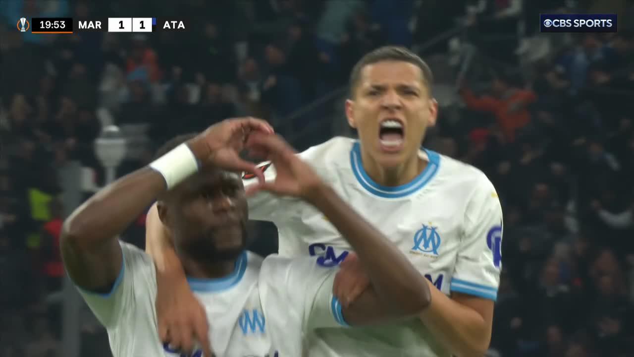 Post and in!A lovely curling effort from Marseille's Chancel Mbemba 💫