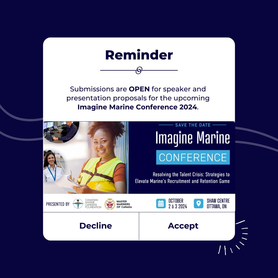 We're seeking presentations for the Imagine Marine Conference!

Submit your proposal by May 15th to Anna Hogarth: ahogarth@imagine-marine.ca

Learn more about the criteria: bit.ly/3VBxqZ8 

#marineindustry #workforcedevelopment #talentattraction #diversityandinclusion