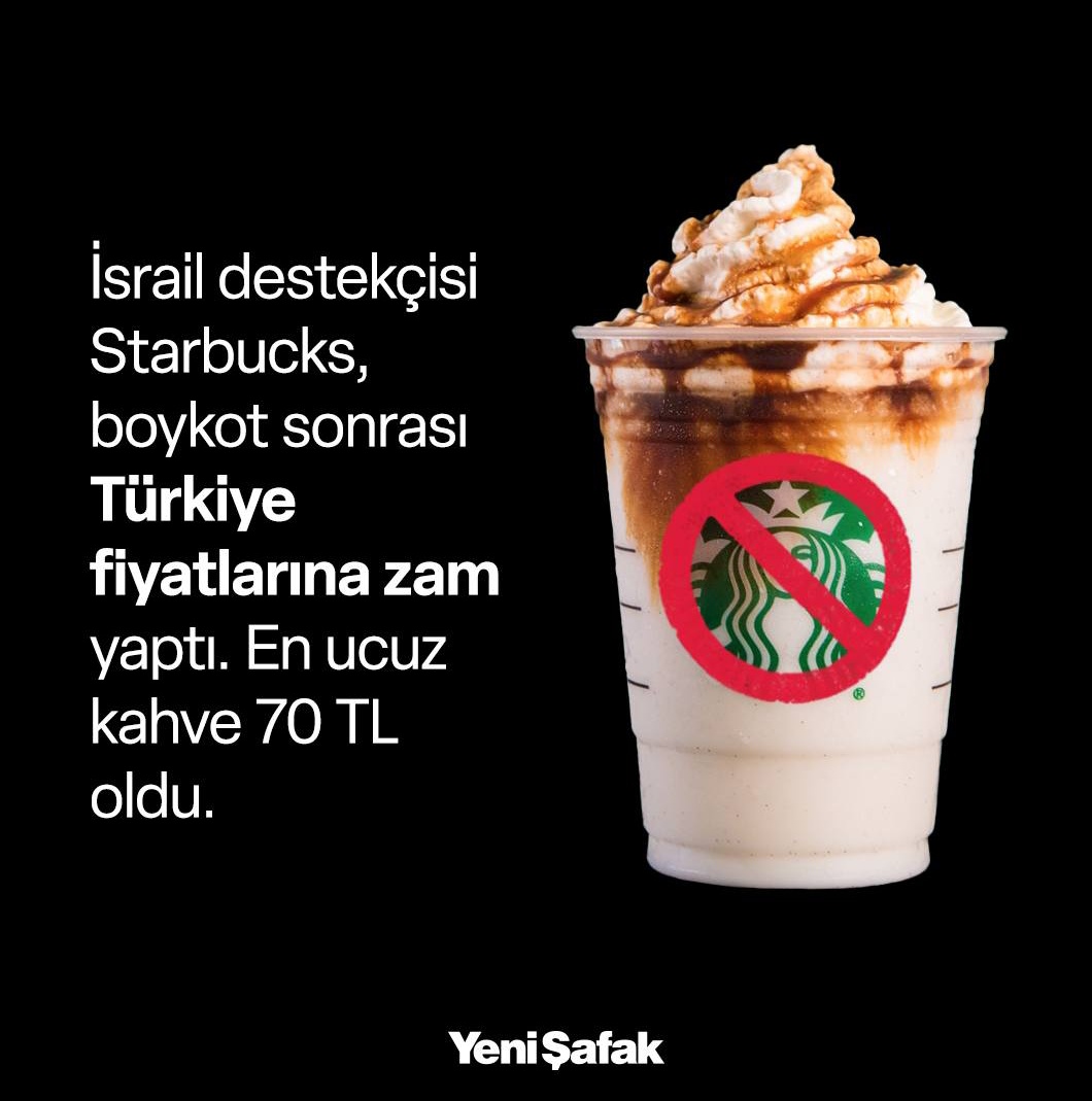 Starbucks boykot sonrası gelirleri düşünce ikinci kez zam yaptı.
Vallahi  70 TL değil 70 kuruş olsa içmeyiz.
#Starbucksİçmiyoruz
#Boykot
#FreePalestine