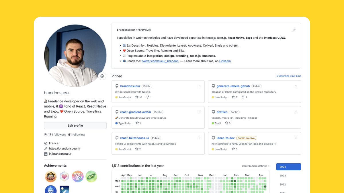 J'ai eu + de 15 missions grâce à une plateforme en tant que Freelance Développeur React.js / React Native / Expo ! ⚡️

➡️ github.com/brandonsueur 

GitHub, c'est un vrai CV pour les développeurs !  Tu as la possibilité de montrer ta progression, t'es différents projets