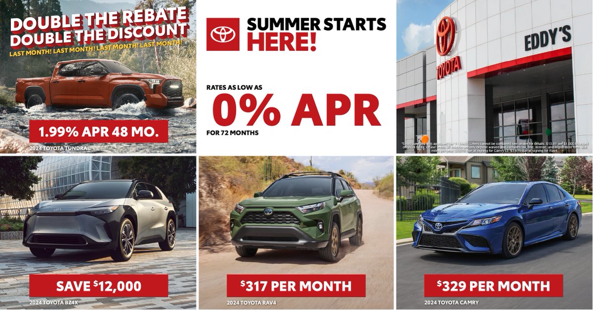 ☀️ Summer Starts Here! ☀️ Kick off the season with rates as low as 0% APR for 72 months on select new Toyota models!  🚗💨 

Shop here: bit.ly/4dqEj60

#EddysToyota #BestInTownBestAround #SummerSavings #Toyota #UpgradeYourRide