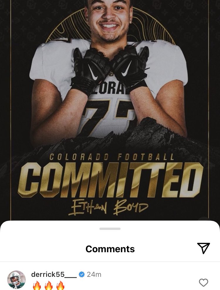 Michigan State transfer ⭐️ DT Derrick Harmon comment on Ethan Boyd’s Colorado commitment post 👀 #SkoBuffs