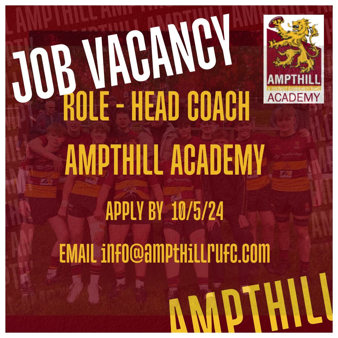 𝕁𝕠𝕓 𝕍𝕒𝕔𝕒𝕟𝕔𝕪 - 𝔸𝕔𝕒𝕕𝕖𝕞𝕪 ℍ𝕖𝕒𝕕 ℂ𝕠𝕒𝕔𝕙

The Club is looking to recruit a new Head Coach for it's successful Academy. 

Applications close 10th May 2024. 

🔗 ampthillrufc.com/job-vacancy-ac…