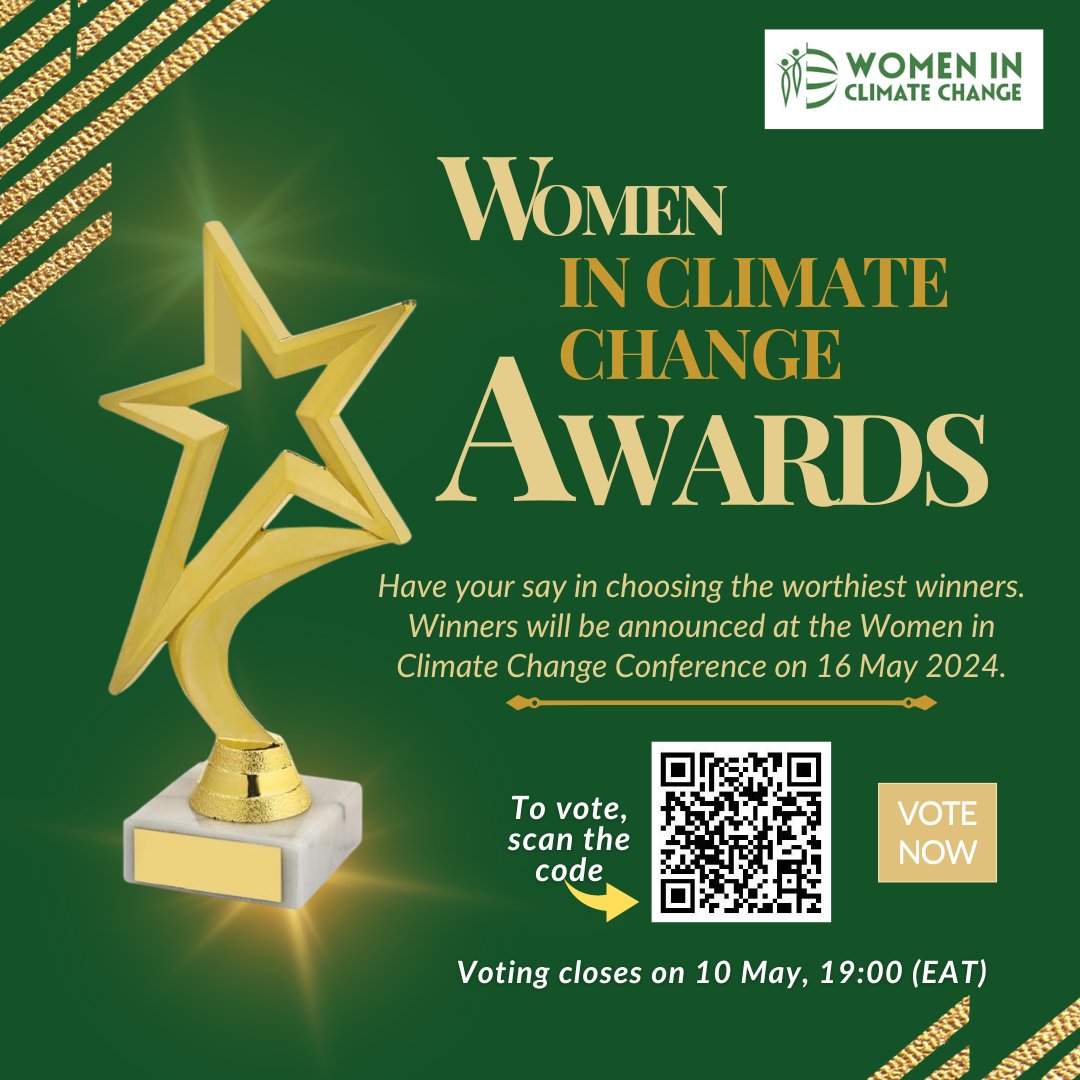 Thrilled to announce the Women in Climate Change Awards 2024! 🏆 Cast your vote for the outstanding nominees across the 6 categories here: forms.gle/ca4ajPg6cG1fHK… Voting closes on 10 May at 19:00 (EAT)🗳️ #WiCC2024 #WomenInClimate #YouthInAction