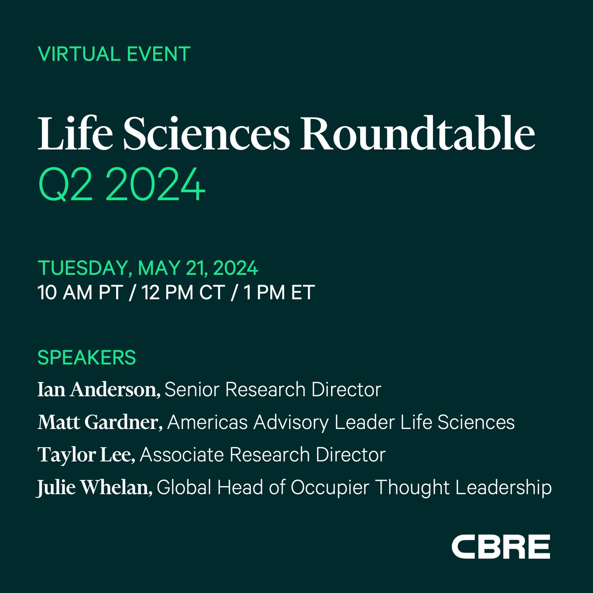 Join us on May 21 for our next Life Sciences Roundtable, where #CBRE experts will discuss key findings from recently released research and what’s top of mind for occupiers. Register here: cbre.co/3QuxXZz