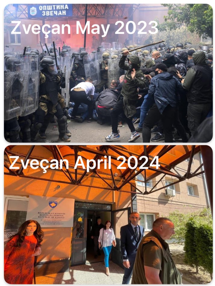 The EU 🇪🇺 has imposed measures on 🇽🇰 unfairly blaming us for the escalation of the situation seen in May 2023. The Mayor of Zvečan Municipality, Ilir Peci, can be seen by the same building moving freely in April 2024. De-escalation has occurred - now, lift measures against 🇽🇰.