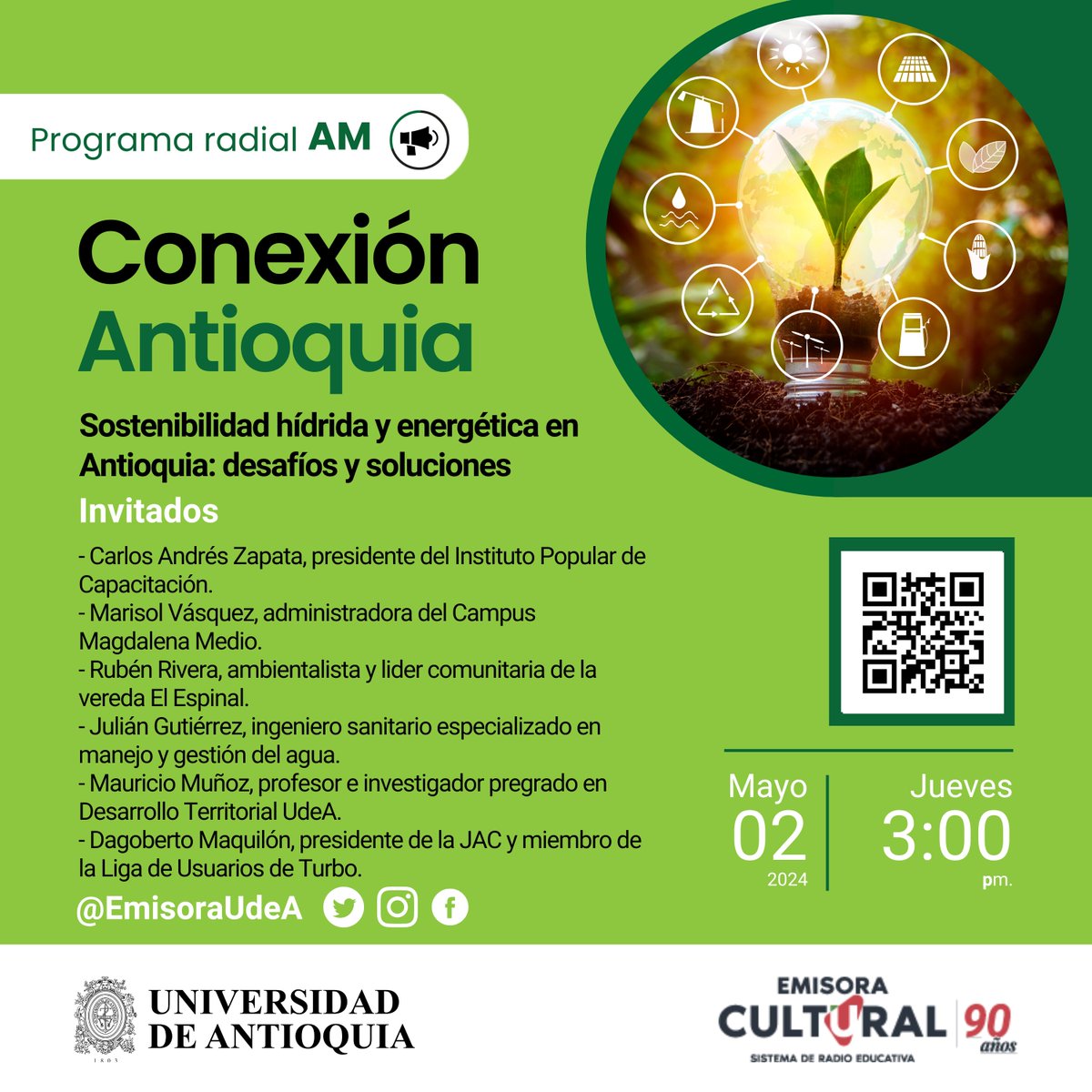 #ConexiónAntioquia | 🗣️🎙️ ¡Qué emoción! Te esperamos hoy en un foro subregional radial. 🔔 En compañía de expertos de diferentes áreas exploraremos los desafíos y soluciones en sostenibilidad hídrica y energética. 📲💻 Streaming: bit.ly/3ykA2xG #EmisoraUdeA