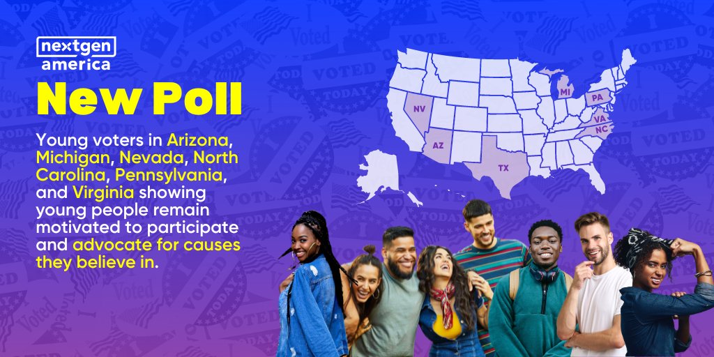ICYMI: Last week, NextGen released new polling of young voters in Arizona, Michigan, Nevada, North Carolina, Pennsylvania, and Virginia showing young people remain motivated to participate and advocate for causes they believe in. Check it out 👇