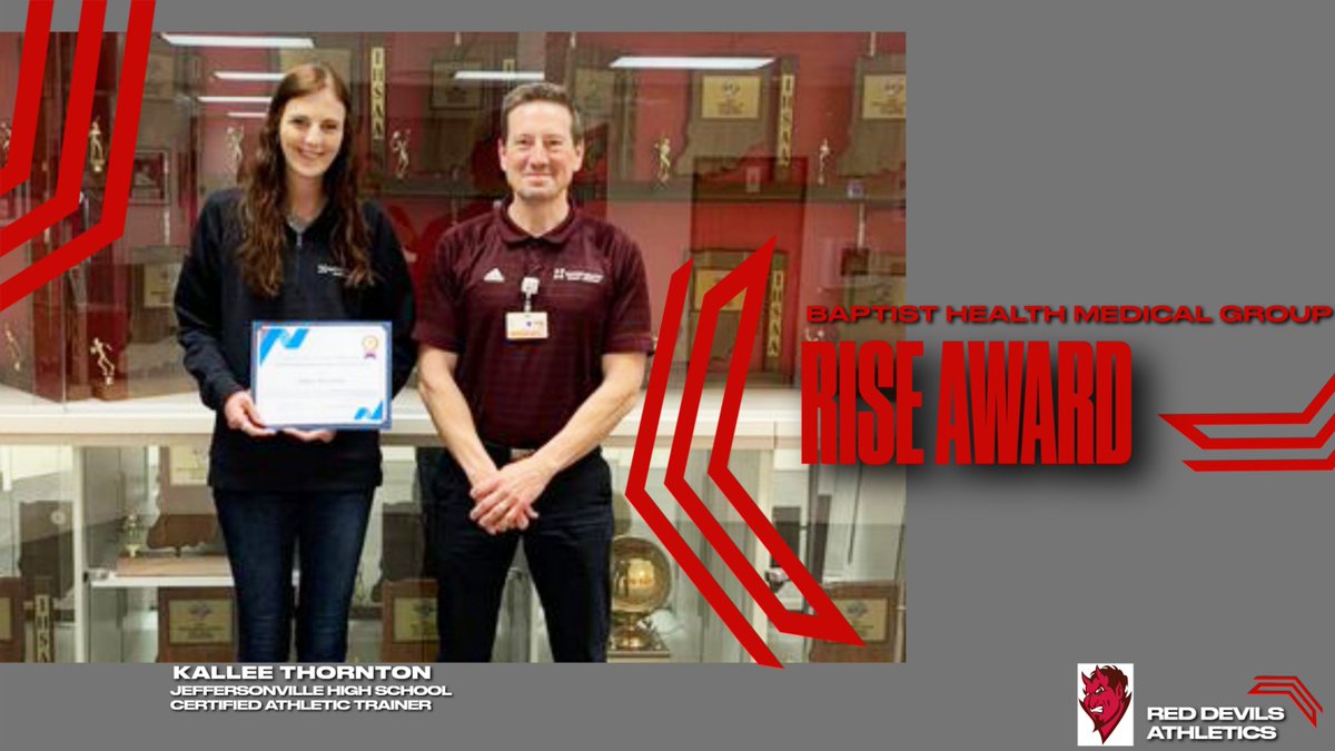 Kallee Thornton, Baptist Health Sports Medicine athletic trainer at Jeffersonville High School, was nominated for a BHMG RISE award. She was awarded and recognized for the Outstanding Department Performance, West Region-Floyd/KYANA. Congrats Kallee!!!