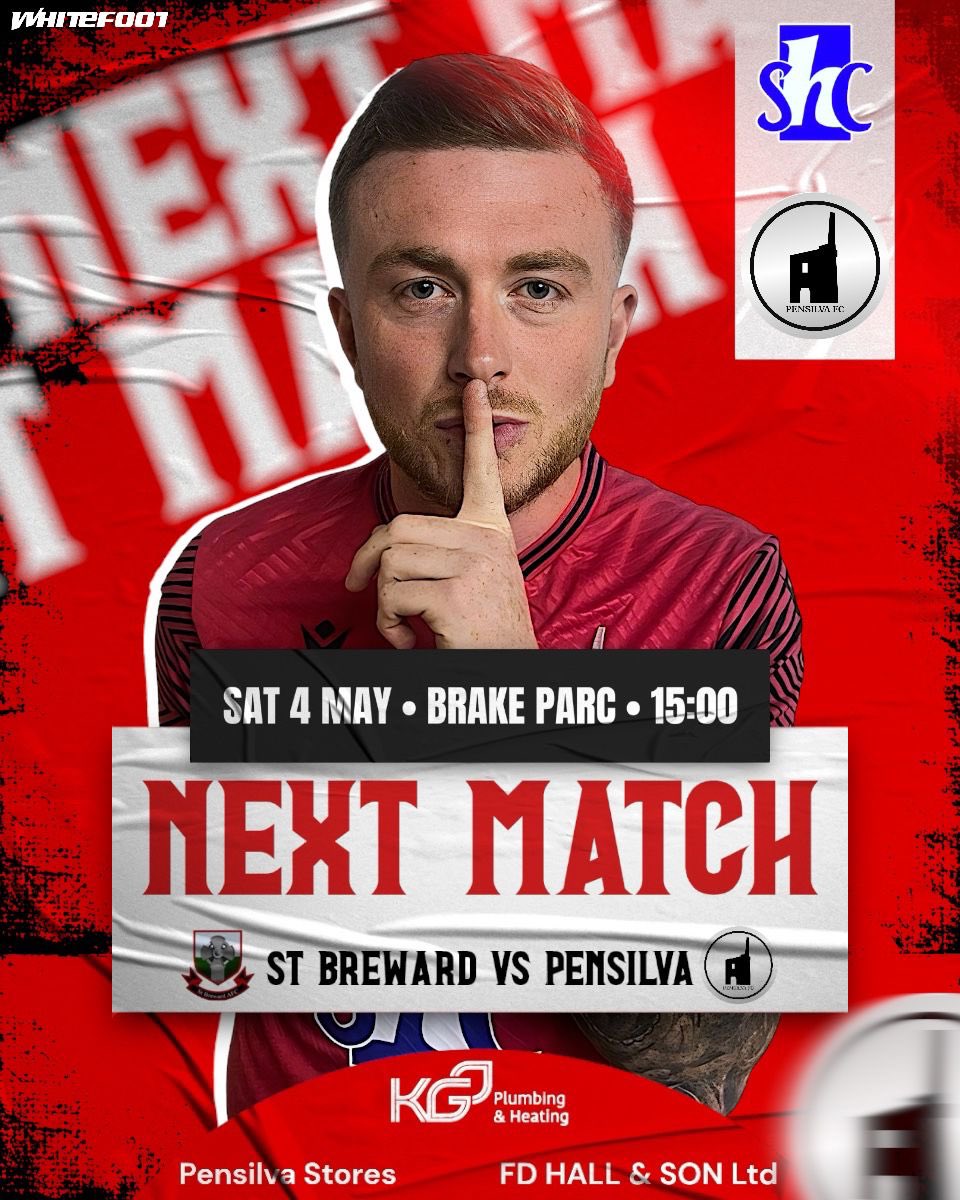 Saturday we are back in league action.

Come along and support the lads! 🔴⚫️

📁 St Pirans Division 2 East
🆚 @StBrewardAFC 1st
🗓️ Saturday, 4th May, 15:00PM
🏟️ Brake Parc, PL30 4NY

#COYP