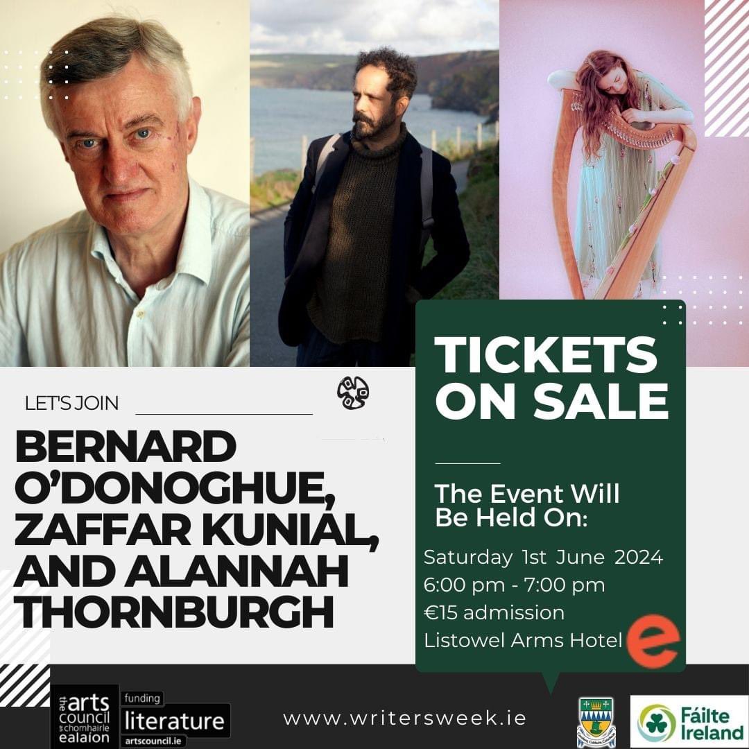 a literary trifecta at Listowel Writers' Week! Join us on Saturday, June 1st at the Listowel Arms Hotel for an evening with Bernard O'Donoghue, Zaffar Kunial, and Alannah Thornburgh. 
#ArtsCouncilSupported #failteireland #kerrycountycouncil 

writersweek.ie/programme/