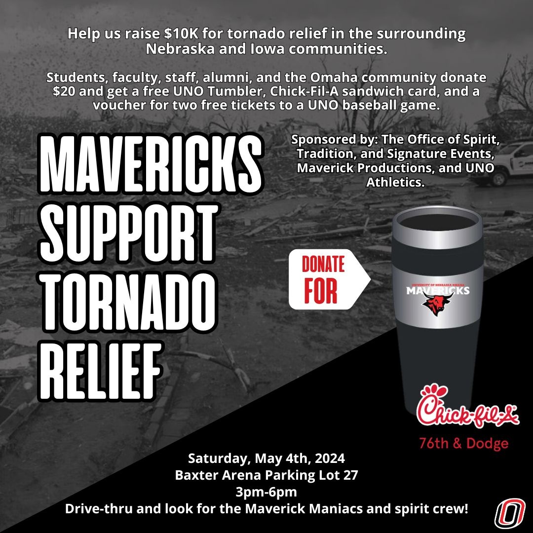 Help @UNOSpiritTrad raise $10,000 for tornado relief. All are invited to donate $20 to aid the recovery and receive a free tumbler, @omahabb tickets and a sandwich. When: Saturday, May 4, 3-6 PM Where: Baxter Arena, Parking Lot 27