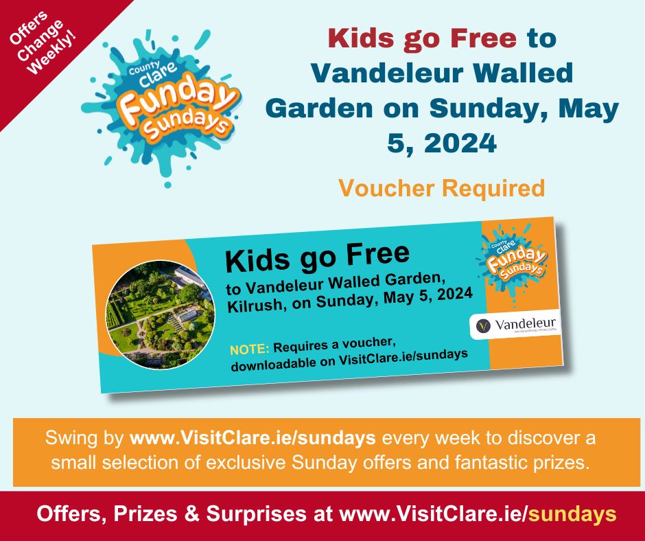 Funday Sunday at Vandeleur Walled Garden, Kilrush 💛💙 Children go Free this Sunday 5th May, Discover the enchantment of the Walled Garden, it is a botanical world of floral delights with a Victorian-style glasshouse and a maze, it is a magical adventure for children.