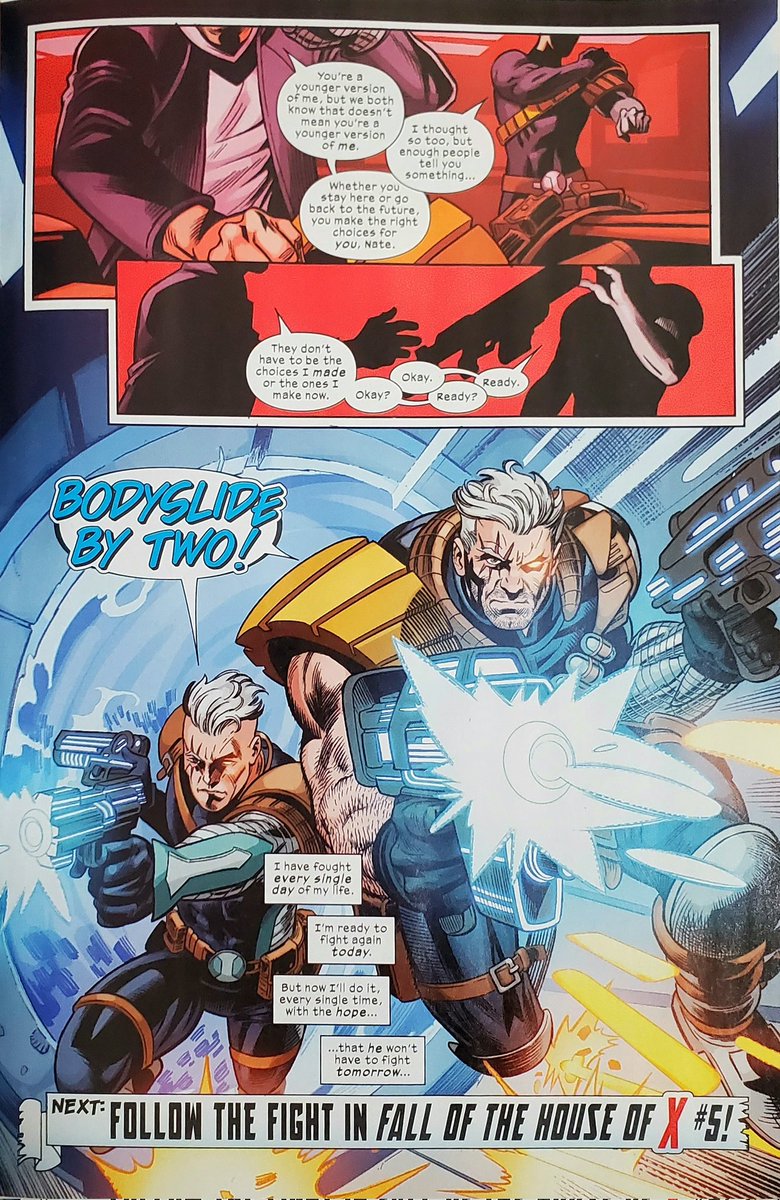 Courier from Gambit's series is revealed to be a part of this series. Young Cable shot old Cable in the head where his techno-organic side was. Parvenu with young Cable's help absorbs his techno-organic abilities to become a pure energy being. His offer is rejected by the world.