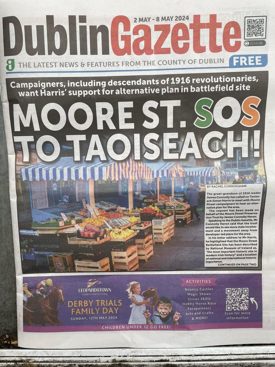 Great coverage for @MooreSt_Trust in the Dublin Gazette 🗞️ Moore Street campaigners, including relatives of the 1916 revolutionaries, have written to Taoiseach Simon Harris seeking a meeting to present to him their alternative plan for the area. #SaveMooreStreet