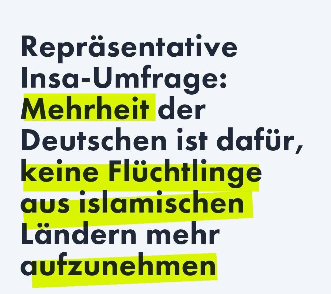 Wieder mal eine Lüge. Die Mehrheit der Deutschen ist mit Sicherheit dafür, überhaupt keine 'Flüchtlinge' mehr aufzunehmen. Remigration ist das Gebot der Stunde. Das haben die Islamdemos in Hamburg allzu deutlich aufgezeigt. #RemigrationJetzt