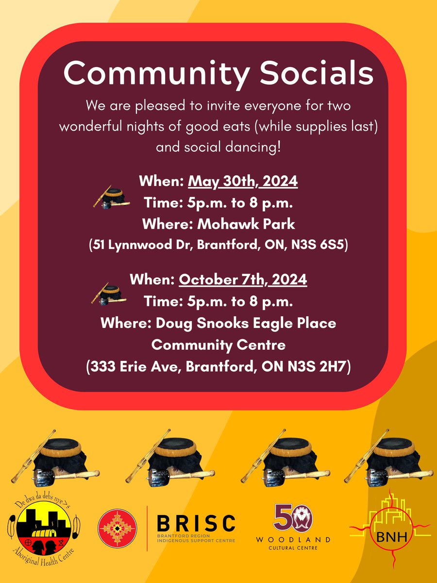 Join us on May 30th from 5:00-8:00pm at Mohawk Park for an exciting Community Socials event in collaboration with Brantford Native Housing, De dwa da dehs nye>s Aboriginal Health Centre, and BRISC! facebook.com/events/4474920… #SixNations #SixNationsEvents