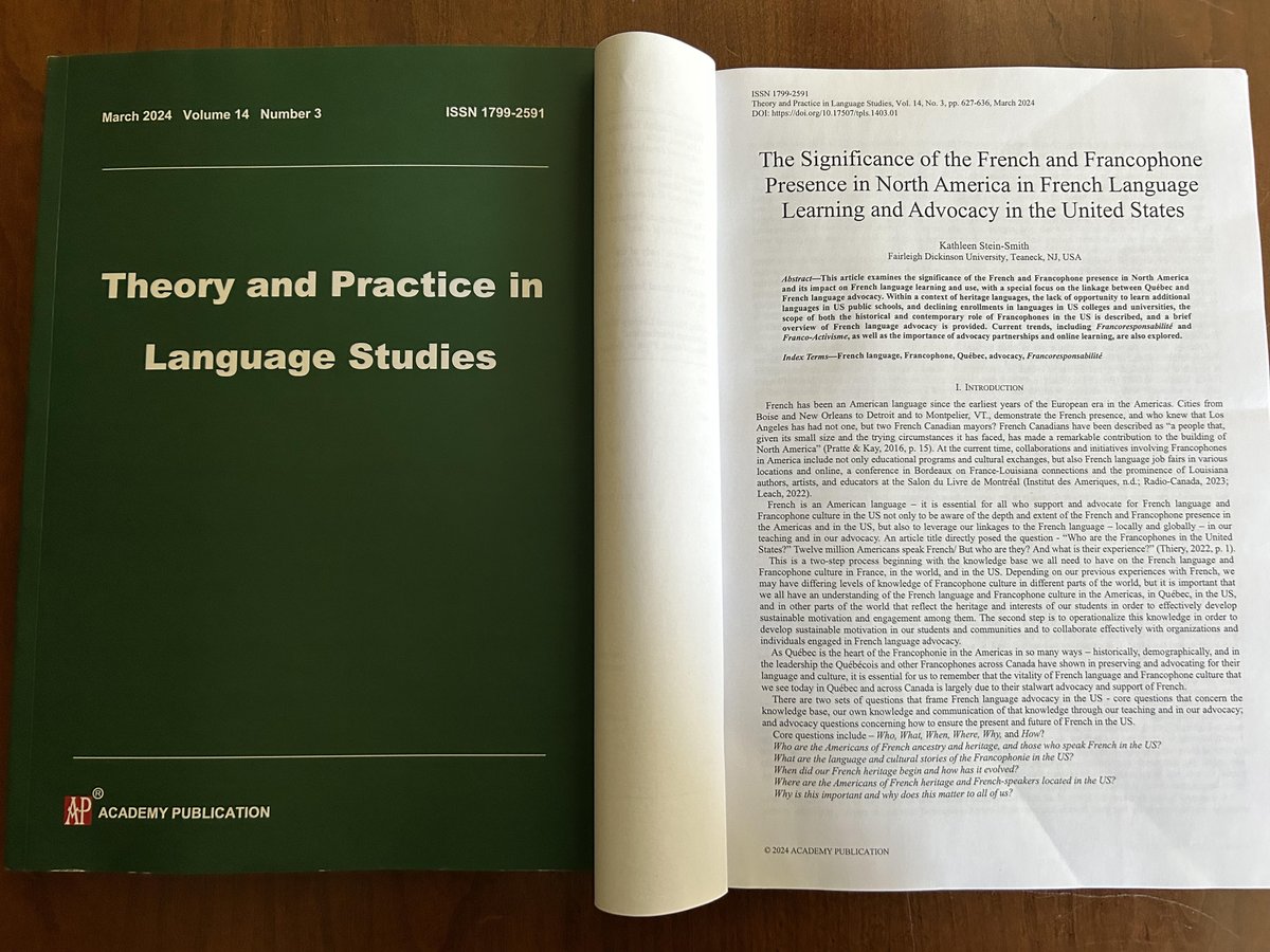 So happy to see my newest article, 'The Significance of the French and Francophone Presence in North America in French Language Learning and Advocacy in the United States,' in print in TPLS: Theory and Practice! 🙂