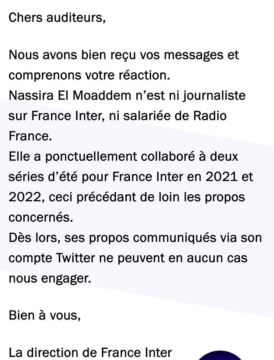 Des directions dans les médias planquées, j’en ai vu un paquet en 10 ans de métier mais cette réponse de France Inter à la vague de haine subie par @NassiraELM c’est un autre niveau. Bande de lâches !