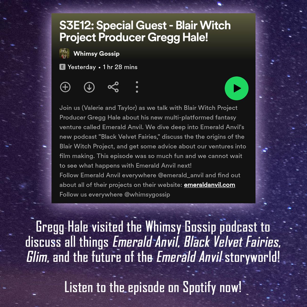 Listen to Emerald Anvil's Gregg Hale discuss our storyworld, Black Velvet Fairies, and more in the latest episode of the Whimsy Gossip podcast! open.spotify.com/episode/2m9Ybb…
