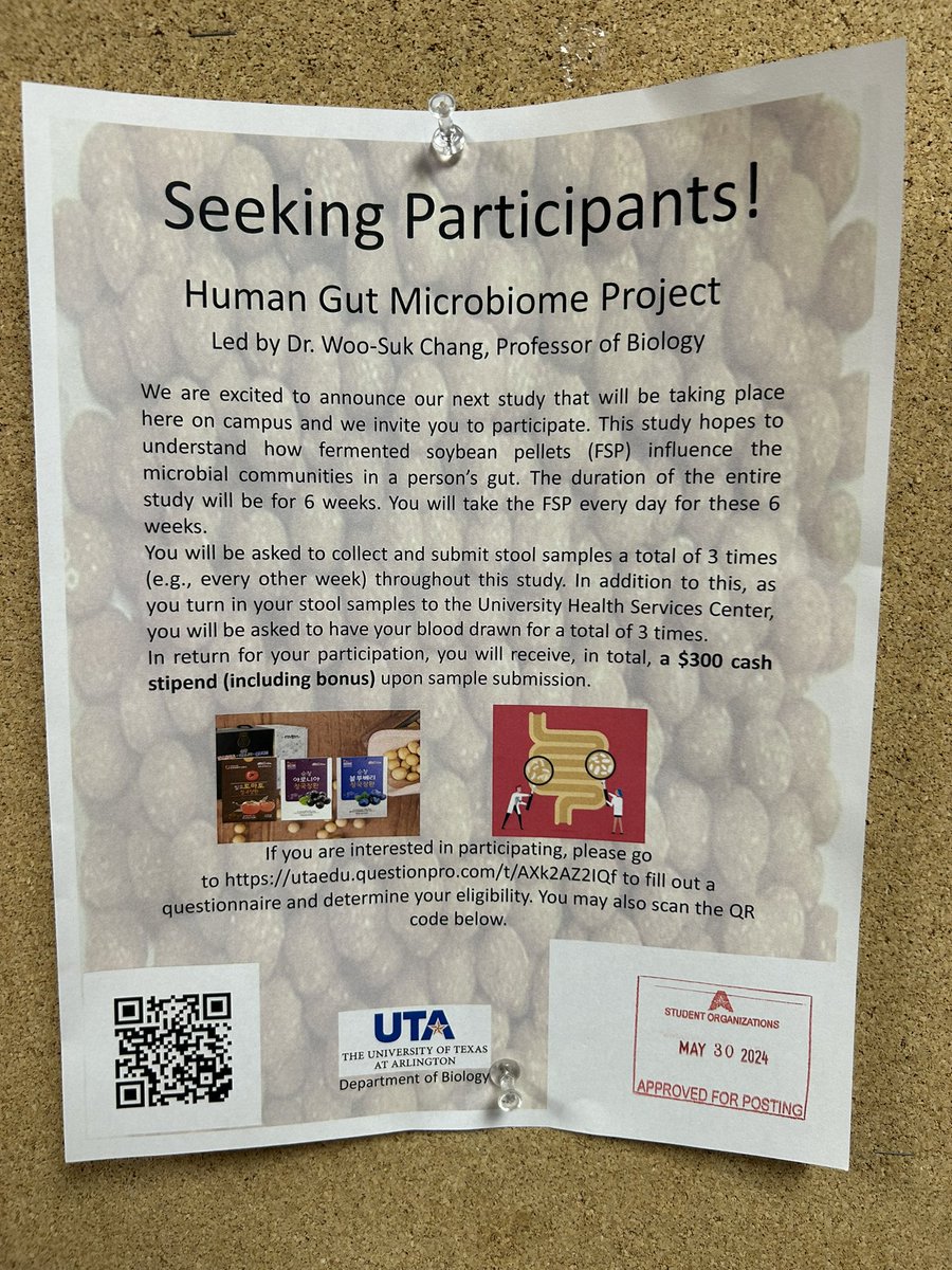 Attention all currently active UTA students: the Chang Lab is seeking participants for our upcoming study, the Humane Gut Microbiome. The link is in the flyer. Please reach out if there are any questions!