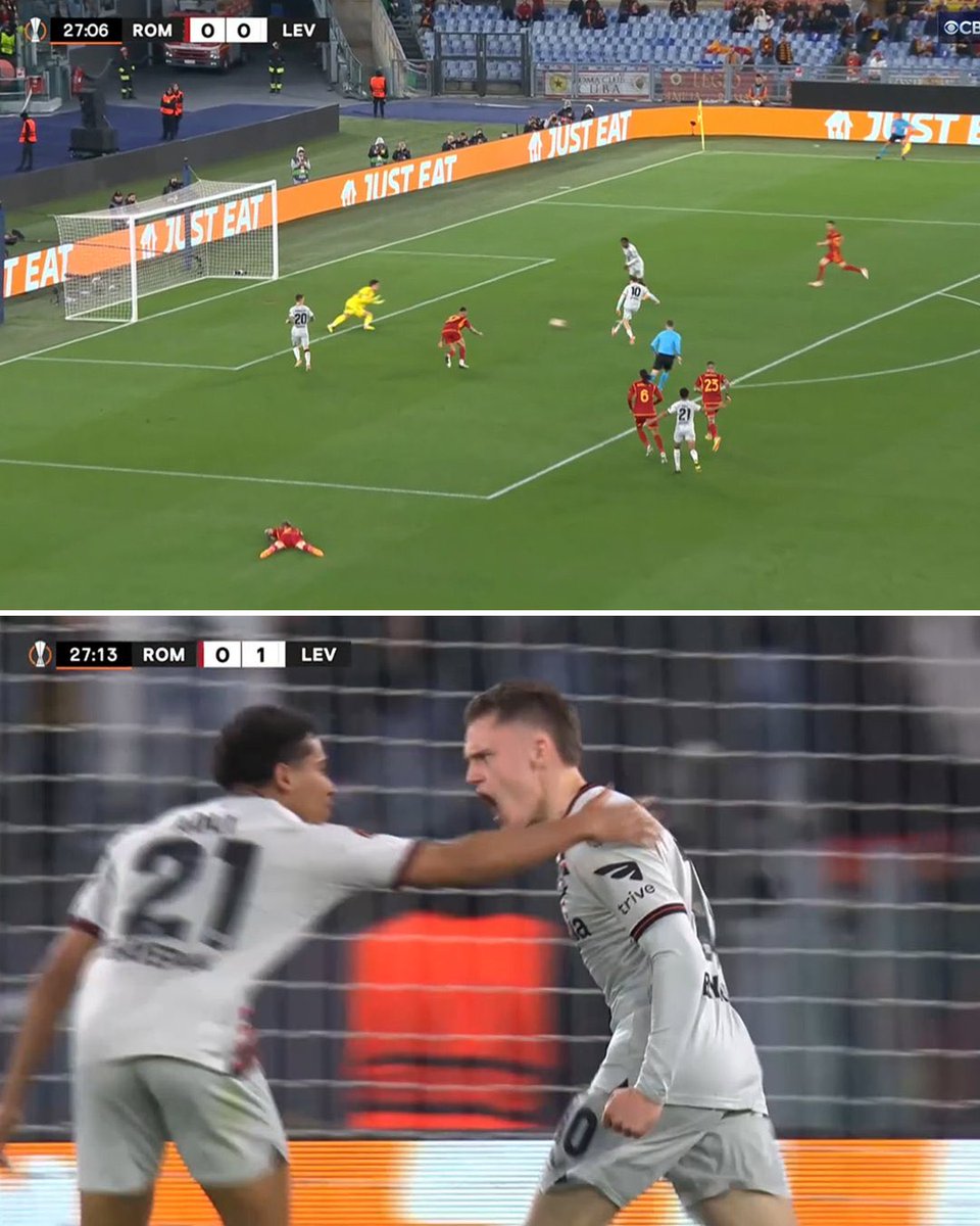 ¡GOL DE WIRTZ! No había salido bien el Bayer Leverkusen al Olímpico y saca su estilo. Golpear cuando no lo esperas. Enorme recuperación de Grimaldo entre Karsdorp y Smalling, y Wirtz define. 0-1. #UEL