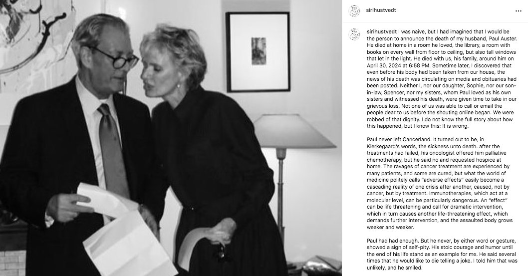 Siri Hustvedt lamenta cómo se ha comunicado la muerte de su marido, Paul Auster.