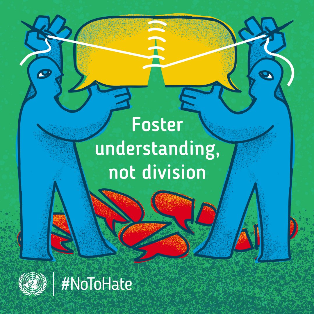 Each of us can take action to foster understanding and say #NoToHate. 🔹 Share messages of tolerance. 🔹 Support people targeted by hate speech. 🔹 Report hate speech on social platforms. Share this & make your social feeds a 'no-hate zone'. un.org/en/hate-speech