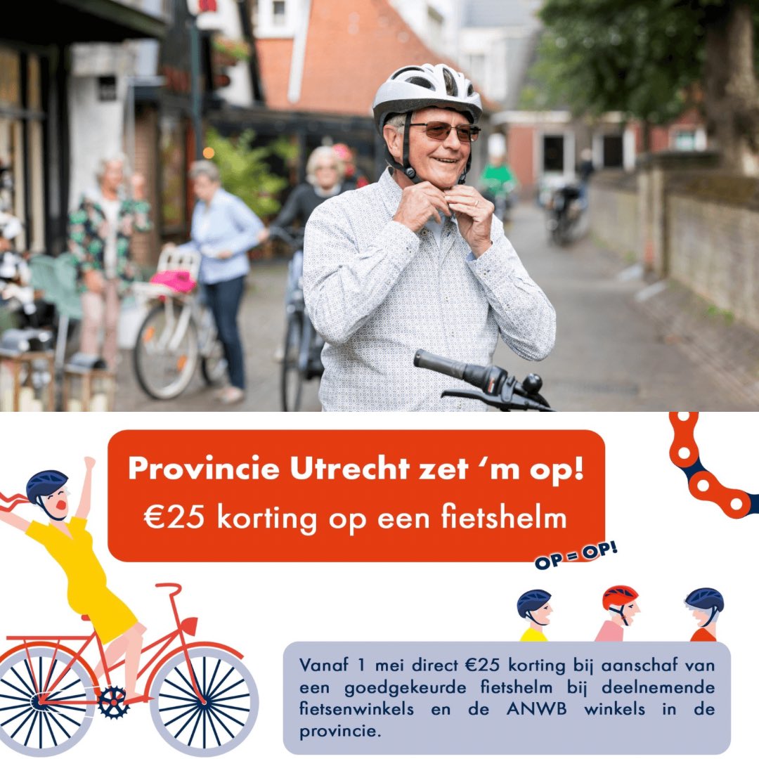 De provincie Utrecht heeft de ambitie om dé fietsregio van Europa te worden, een ambitie die ook iets vraagt t.a.v. verkeersveiligheid. Daarom krijg je in de maand mei bij alle fietsenwinkels in Bunschoten-Spakenburg €25 korting bij aanschaf van een goedgekeurde fietshelm. OP=OP