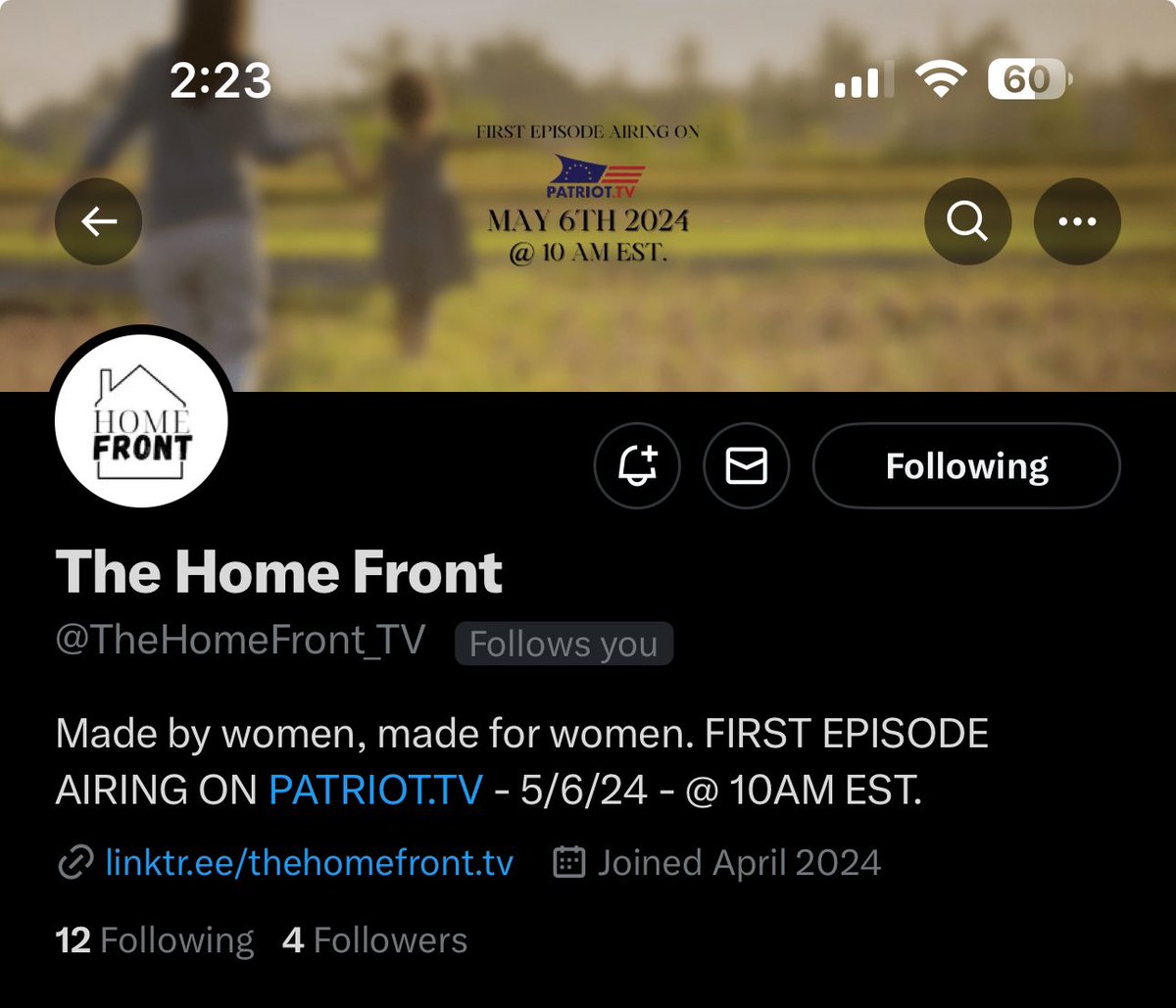 Please follow my friends 🔜 @TheHomeFront_TV 

A conservative show, made by women for women on Patriot.TV @FreedomIsUpToUS 

First episode May 6, 2024

#WeThePeople #DoWhatYouCan
@StruckTwins @KittyQM17 @LizWinterArt @realdefender45 @NOSTOPINGMPV @maryannminnich1…