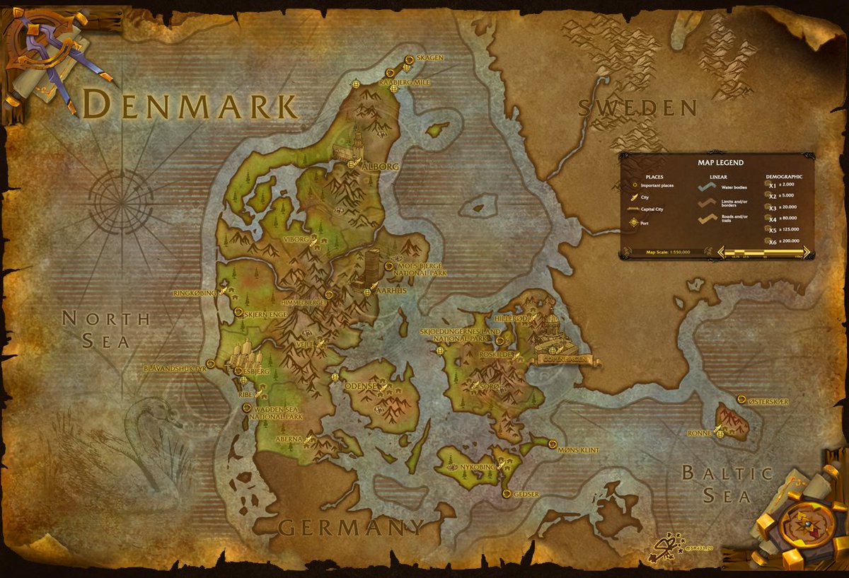 Hyggeligt at møde dig 😉🍃 Santiago Reyes presents a new map of our world: #Denmark 🇩🇰 with World of #Warcraft's Map Style. 📝The map contains many details that highlight the architecture and naturalness of this European country. 🗺️Commission for: u/inphenite #worldofwarcraft