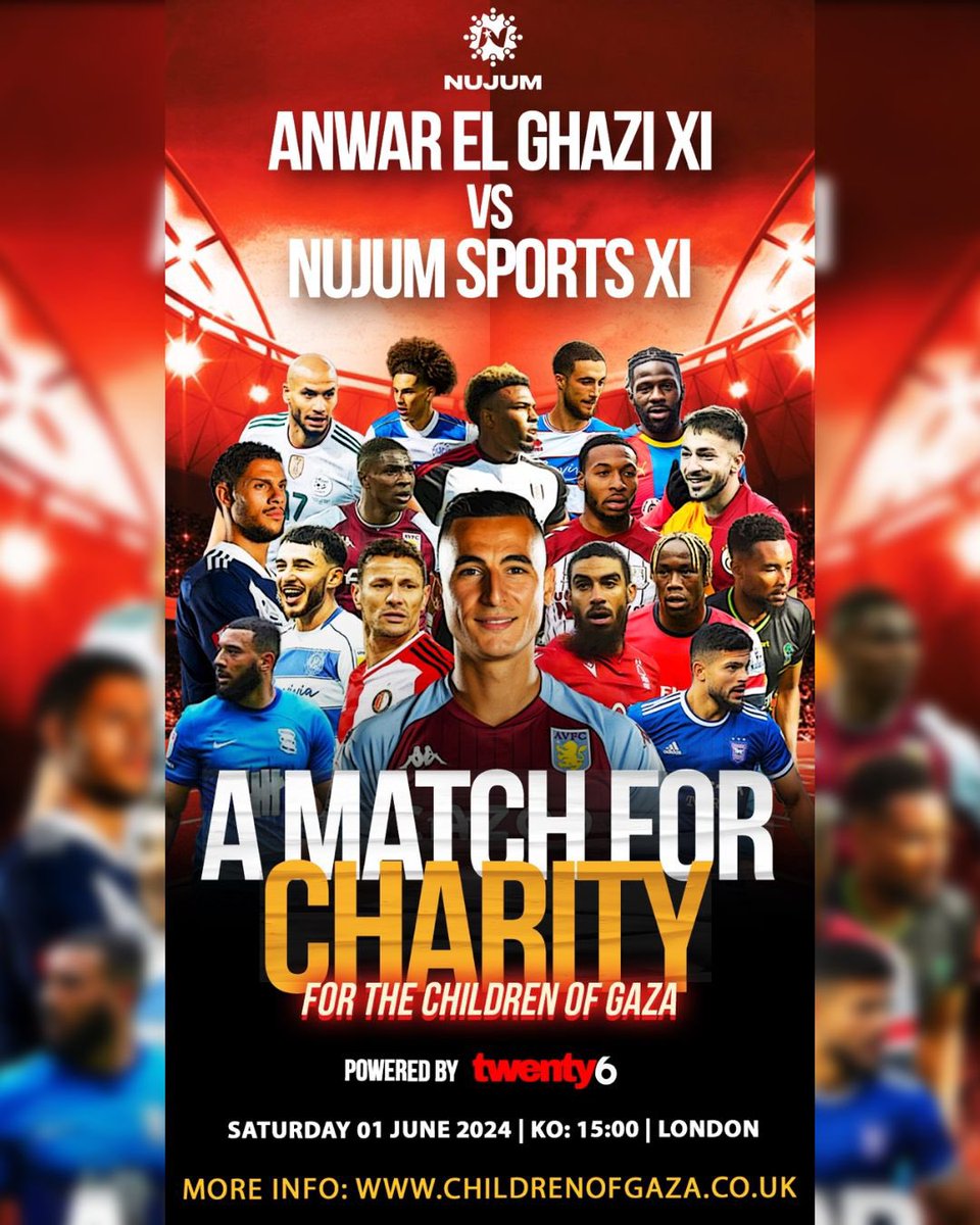 A football match for charity Anwar El Ghazi XI vs Nujum Sports XI for the #ChildrenOfGaza 🗓️ 3pm, June 01, 2024 📍 London Tickets available soon 🎟️ childrenofgaza.co.uk