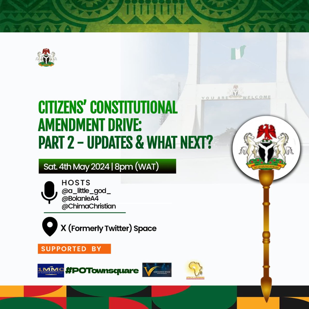 𝗢𝗻 𝗦𝗮𝘁𝘂𝗿𝗱𝗮𝘆 - 8𝗽𝗺 (𝗪𝗔𝗧), We'll be having the 2nd series of our constitutional amendment drive X Space to discuss the proposals submitted to the HCCR and possible next steps... Use this link to access the proposal memos that were sent: tinyurl.com/Reform-Proposa……