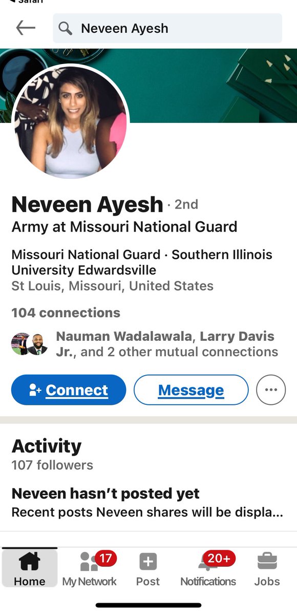 Someone needs to remind her to change her LinkedIn page to remove that she is a member of the Missouri National Guard. It is confirmed she is not.
