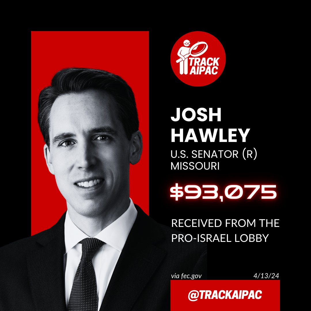 @HawleyMO Josh Hawley works for AIPAC and the Israel lobby, not his constituents. He has collected nearly $100,000 and counting! #RejectAIPAC
@TrackAIPAC