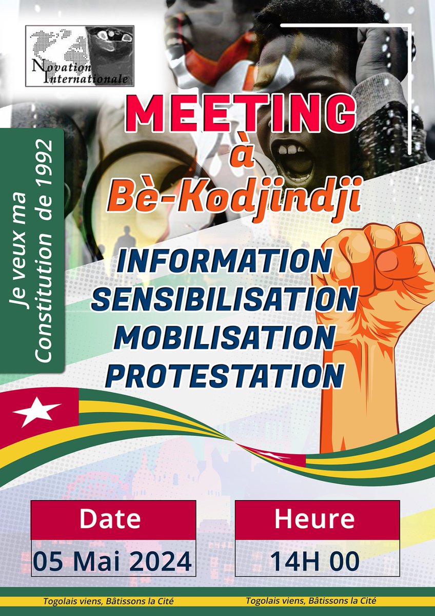 Ce dimanche tous au meeting pour #RetourDeC92 , #ViveLaC92 .
#SansNousConsulter .

C'est Bè Kodjindji à 14h , le dimanche 05 Mai.
#Kebetu @BBCAfrica @JTAtv5monde @RFIAfrique