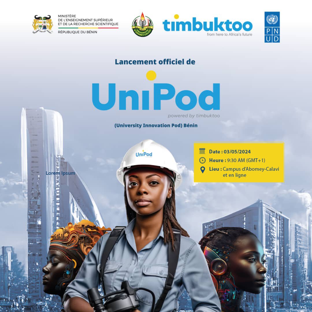 Rendez-vous demain 3 mai à 9H30 GMT+1 pour le lancement de l’#UniPod au #Bénin, une initiative de @timbuktooafrica appuyée par @UNDPAfrica pour soutenir l’écosystème des startups en Afrique. Vous pouvez nous suivre en live via Zoom: go.undp.org/ZUA